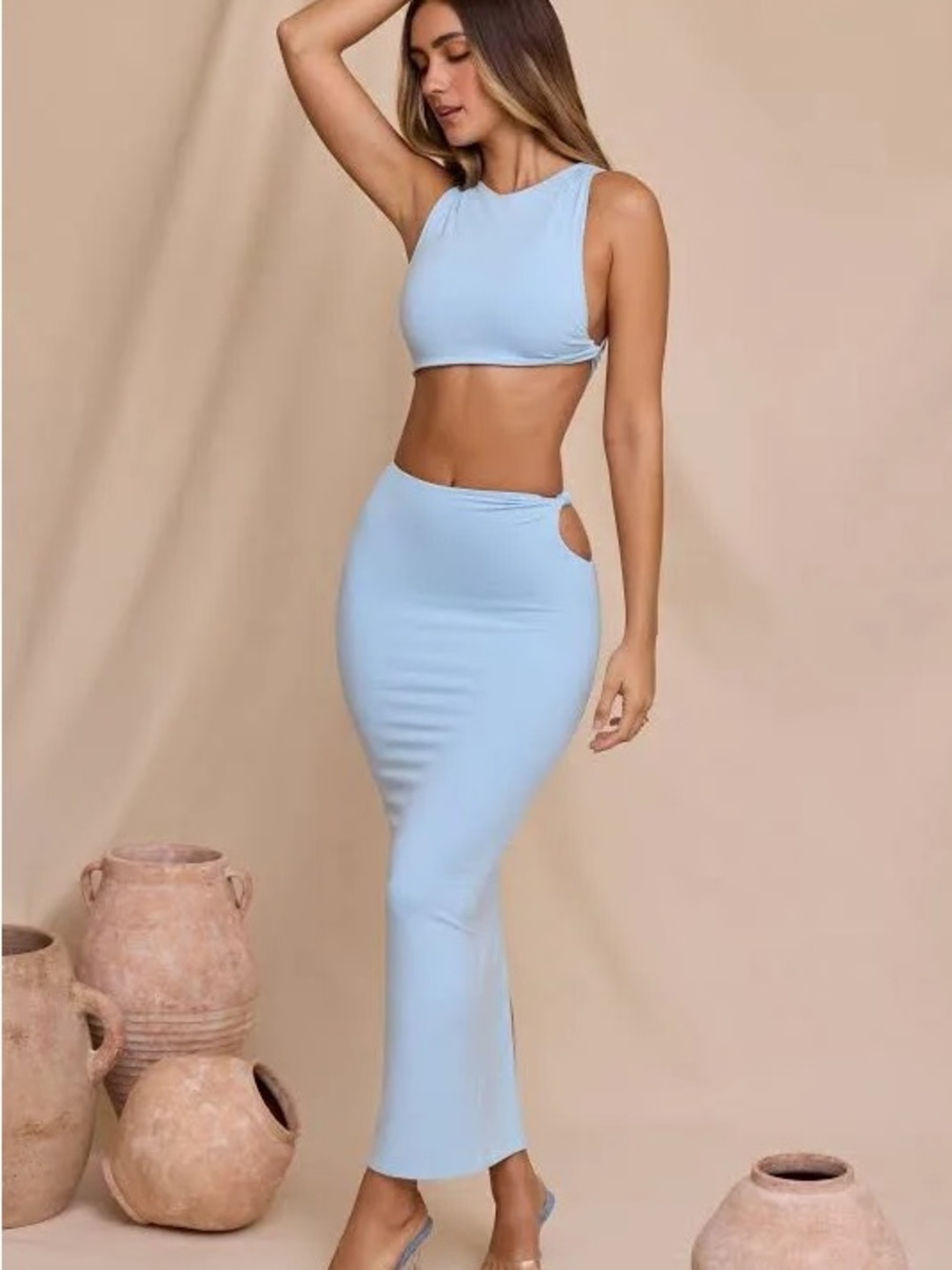 Oh Polly- Mid Rise Twist Maxi Skirt + Top in Sky Blue